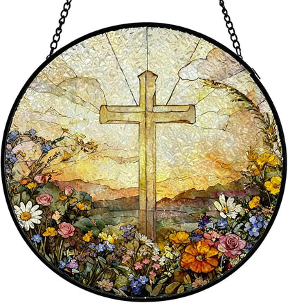 Christian Cross Flower Stained Glass Window Hanging, Wildflower Religious Cross Suncatcher Indoor Window Glass Round Wall Art Decor, 7.9x7.9 Inch