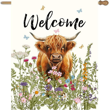 Floral Highland Cow Garden Flag Spring Summer House Flags 28x40 Double Sided Flower Funny Farmhouse Yard Flags for Outside Large Farm Outdoor Welcome Flags