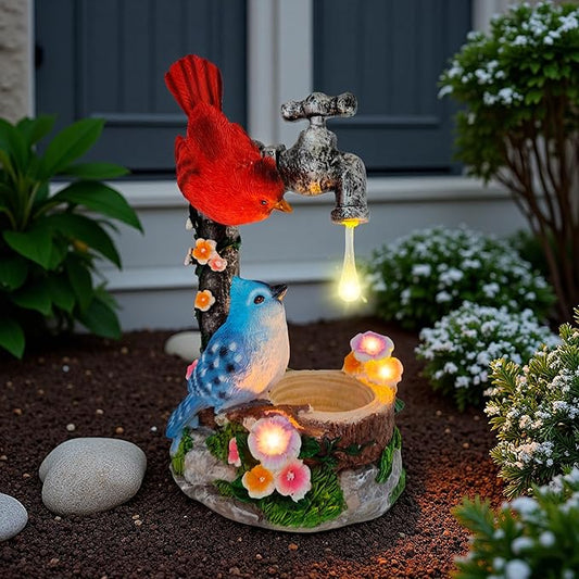Solar Cardinal Birds Statue with Bird Feeder, 12″ Resin Garden Decor Color Changing Fountain Figurine Light Outdoor Waterproof, Bird Ornaments for Yard Patio Porch, Home Decor Easter Mom Gifts