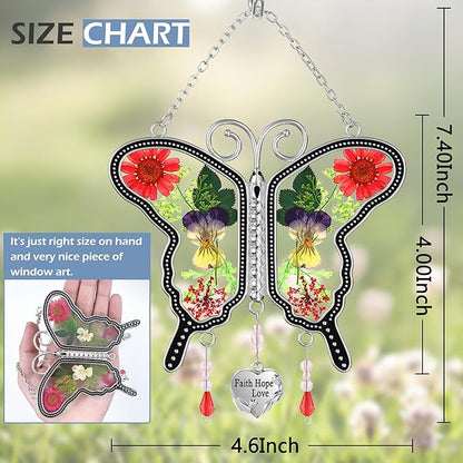 KY&BOSAM Suncatcher Butterfly Stained Glass FHL Butterfly Suncatchers Ornament hangings for Windows Wind Chime with Pressed Flower Butterfly Embedded in Glass Mother`s Day Birthdays