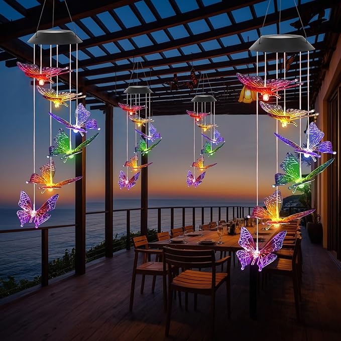Colorful Solar Butterfly Wind Chimes for Outside Birthday Gifts for Mom Women Changing Waterproof Lights LED Wind Chime Outdoor Decor for Garden Lawn Patio Yard