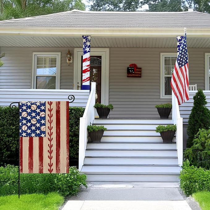 4th of July Garden Flag 12x18 Inch Double Sided, Retro American Flag with Baseball Yard Decoration,Small Seasonal Outdoor Decor for Summer Memorial Day/250th Years America Anniversary Holiday Outside