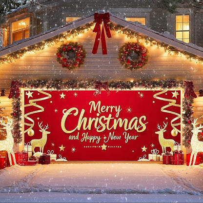 IVN Christmas Garage Door Cover Decoration 13x6ft Santa Glitter Gold Gift Reindeer on Red Holiday Christmas Garage Door Banner Home Garage Door Front Yard Decor for Xmas Eve Holiday Outdoor