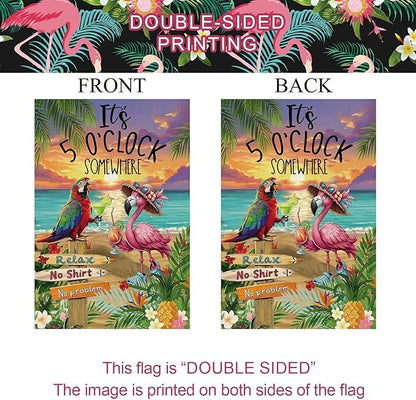 Baccessor Summer Garden Flag 12.5 x 18 Inch, Flamingo Its 5 O'Clock SOMEWHERE Double Sided Burlap Welcome Small Yard Flag Seasonal Holiday Lawn Proch Outdoor Outside Decor