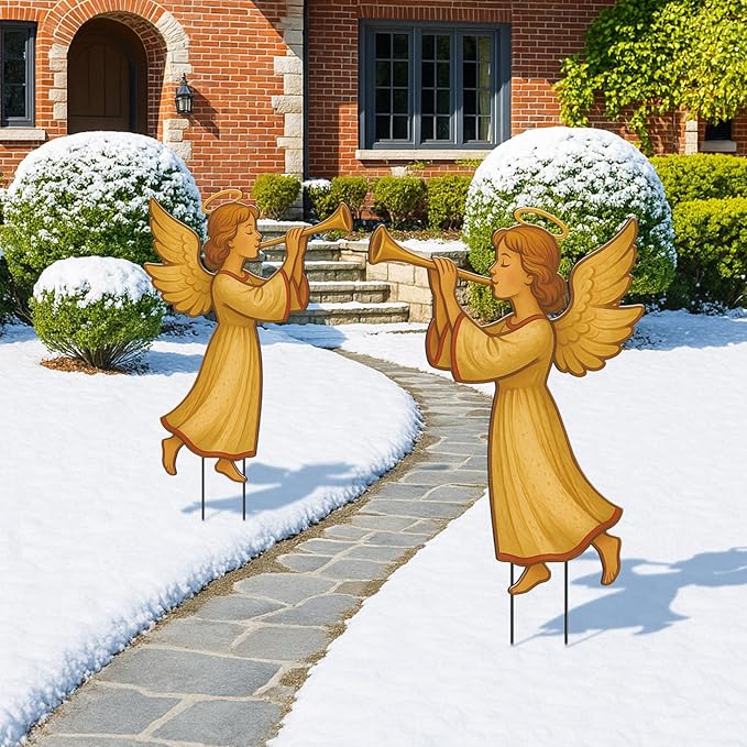 2 Pack Christmas Yard Stakes Metal Stakes 3D Boy and Girl Yard Sign Christmas Outdoor Decorations for Outside Holiday Xmas Winter Ornament Lawn Pathway(Annunciation Angel)