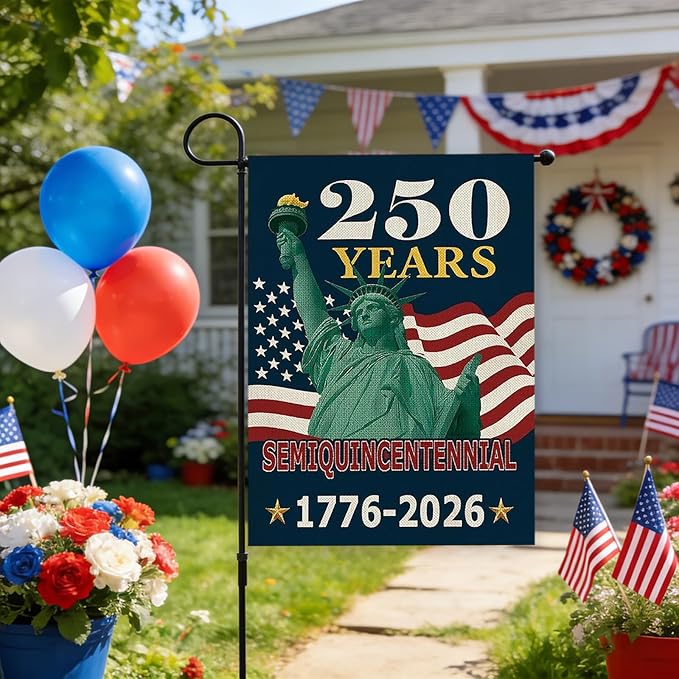 250th Anniversary USA Patriotic Garden Flag 12x18 Inch, Double Sided Weatherproof Yard Banner with Statue of Liberty & American Flag Design, 1776-2026 Commemorative Garden Flag for Outdoor Decor