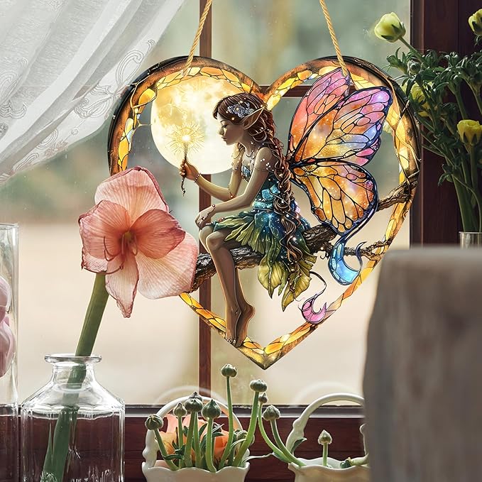 1PC Flower Fairy Acrylic Stained Glass Suncatcher Nature Heart-Shaped Magic and Butterfly Girls Suncatcher Hanging Decoration with Cord SunCatchers for Window Decor Outdoor Garden Decor Gift (Yellow)