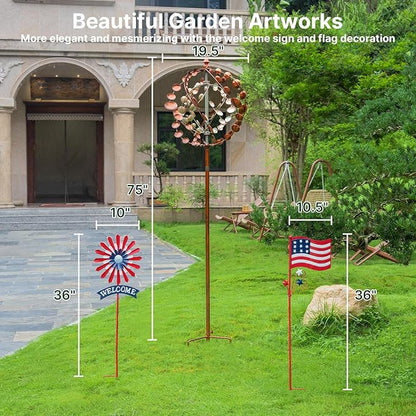 Wind Spinners Outdoor, 75" Large Metal Kinetic Wind Sculptures for Garden, 360 Degrees Swivel Yard Art with 2 Piece Welcome Flag Decoration