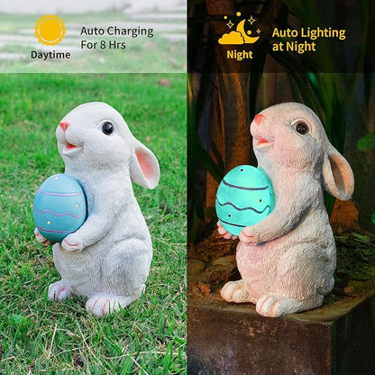 Solar Easter Rabbit Garden Statues Outdoor Easter Decorations Resin Bunny Figurine with Egg Changing LED Lights for Porch Patio Lawn Yard Gardening Gifts for Mom Grandma