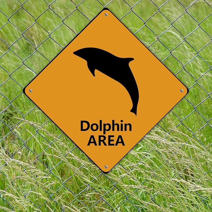 Warning Dolphin Area Metal Tin Sign Ocean Animal Caution Crossing Xing Street Sign Yellow Diamond Shape Funny Metal Sign For Indoor Outdoor Highway10x10in