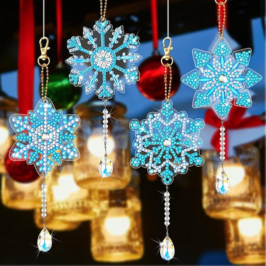 4 Pcs 5D 9.7x3 inch Christmas Diamond Painting Kits DIY Point Drill Diamond Painting Wind Crystal Wind Chimes Double Snowflake Ornaments with Crystal Pendant for Home Garden Hanging Decor(Blue, White)