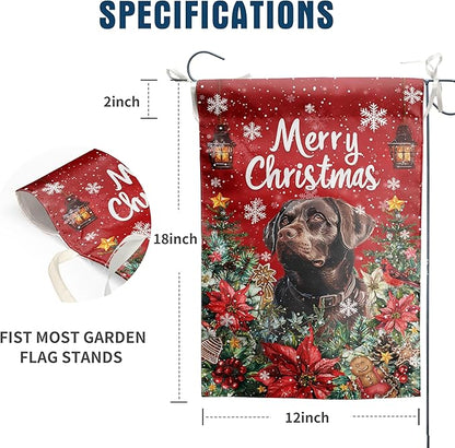 Christmas Chocolate Lab Garden Flag Merry Christmas Labrador Dog Yard Flag for Outside Xmas Flags 12x18 Double Sided Red Poinsettia Garden Flags Winter Porch Outdoor Decor