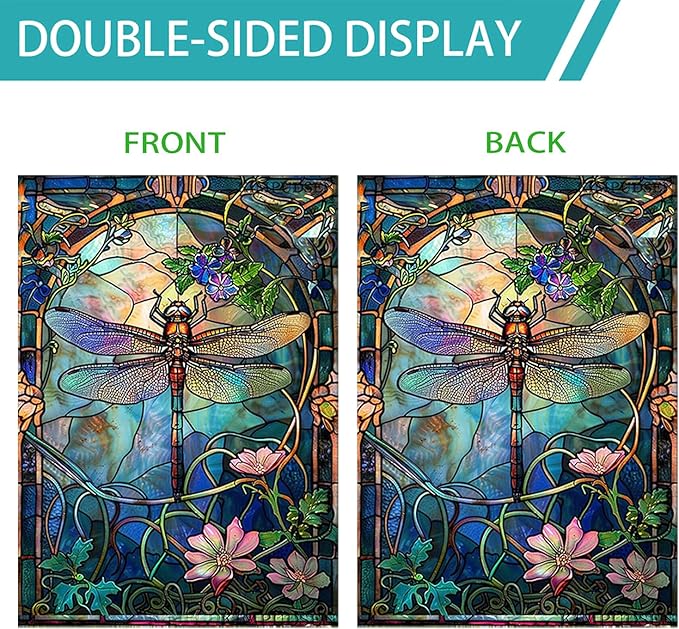 Stained Glass Dragonfly House Flag Spring Summer Yard Flag Floral Decorative Flags for Outside 28x40 Double Sided Large Seasonal Garden Flags Outdoor Indoor Yard Garden Decor