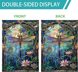 Stained Glass Dragonfly House Flag Spring Summer Yard Flag Floral Decorative Flags for Outside 28x40 Double Sided Large Seasonal Garden Flags Outdoor Indoor Yard Garden Decor