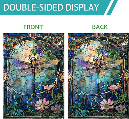Stained Glass Dragonfly House Flag Spring Summer Yard Flag Floral Decorative Flags for Outside 28x40 Double Sided Large Seasonal Garden Flags Outdoor Indoor Yard Garden Decor