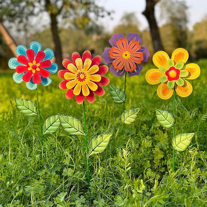 HUTHDAK Metal Flowers for Outside,4 Pack 16.33" Decorative Garden Stakes with Swaying Flowers Head Yard Art,Spring Garden Decor for Lawn, Pathway & Yard