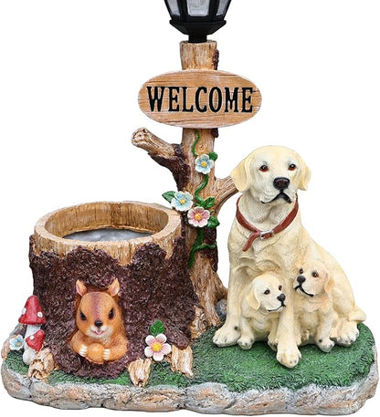 Solar Light Animal Outdoor Statue Planter with Welcome Sign, Resin Garden Sculpture Flower Pot for Patio Lawn Porch Yard Courtyard Decor, Weather-Resistant Decorative Figurine Accent (L)