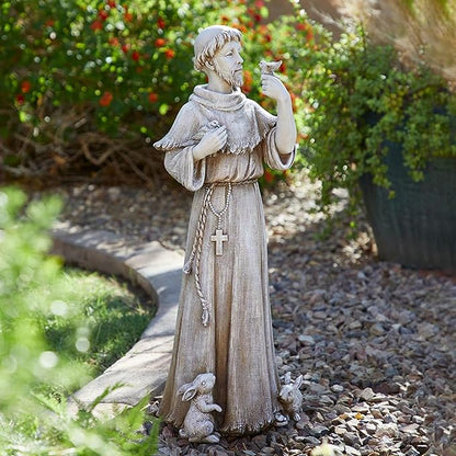 Avalon Gallery Garden Statue - Saint Francis Stone-Resin Indoor/Outdoor Catholic Sculpture, 24" Tall, Bird & Rabbit