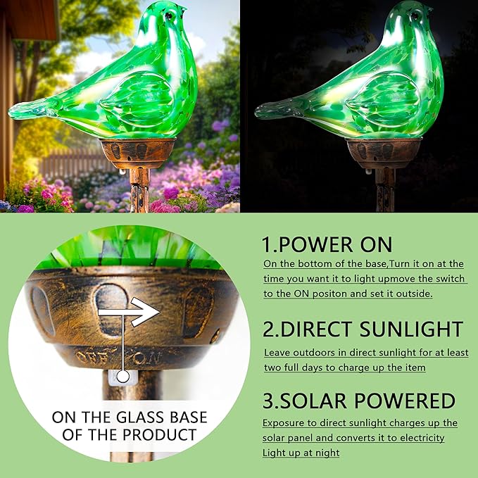 Solar Bird Garden Stake Lights - Hand Blown Glass Decorative Garden Pathway Lights Outdoor Waterproof Bird Glass Stakes (Green)