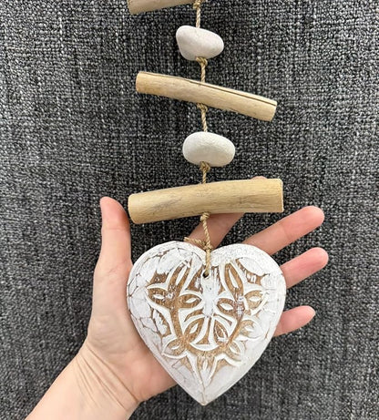 Heart Driftwood Hanging Coastal Decor - Beach Wood Stone Garland Indoor Outdoor Patio Garden Gift 15" White