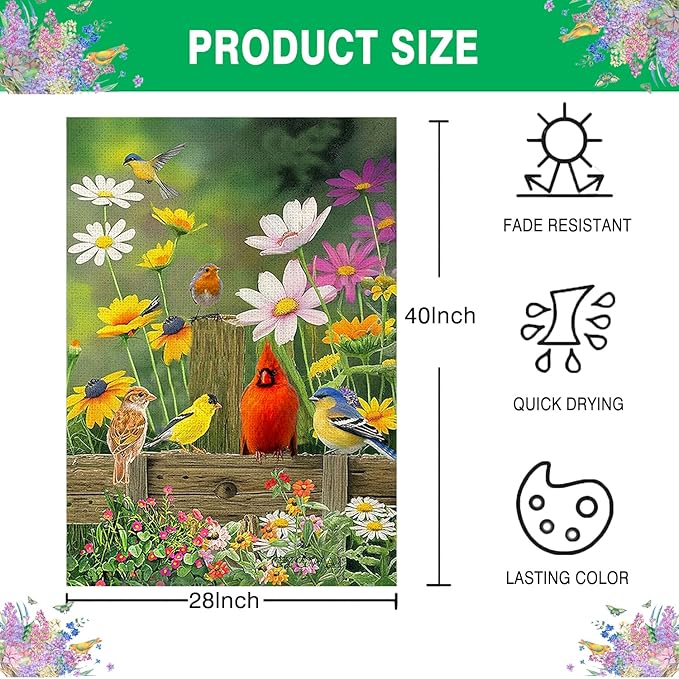 Spring Cardinal House Flag 28x40 Double Sided, Large Burlap Cardinal Birds Flowers Garden Yard Flags for Outside Outdoor House Spring Decoration