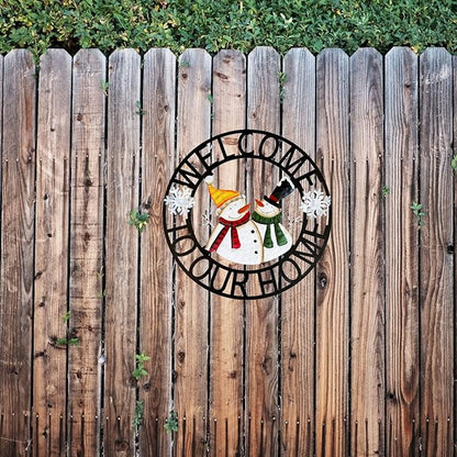 Welcome to Our Home Rustic Metal Snowmen Hanging Welcome Signs Wall Decor Front Door Wreaths Garden Fence Patio Porch Yard Winter Christmas Holiday Indoor Outdoor Decorations 13''H