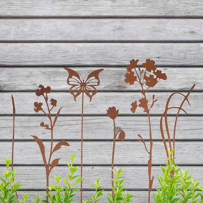 LEIFIDE 10 Pcs Metal Flowers Garden Stakes Rustic Bouquet Decoration for Pot Outdoor Metal Decor with Grass Flowers and Butterfly Iron Floral Plant Stakes for Yard Lawn Patio Porch Walkway
