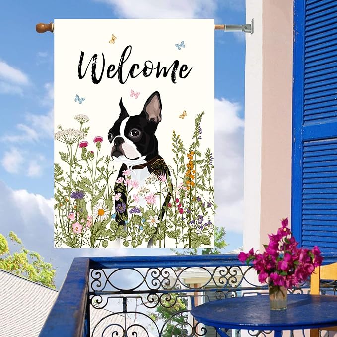 Floral Boston Terrier Garden Flag 28 x 40 Double Sided Multicolored Flower Dog Yard Flag for Outdoor Welcome