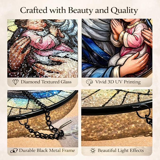 Madonna and Child Stained Glass Suncatcher Window Hanging, 7.8" Catholic Faith Gift for Mom Grandma Women, Religious Decor for Window, Prayer Room, Sunroom, Office