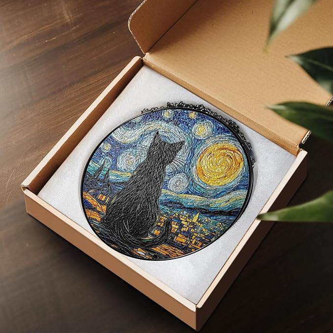 Starry Night Black Cat Stained Glass Suncatcher Window Hanging Decor for Garden, Cat Suncatcher Window Panel Gifts for Cats Lovers, Memorial Gifts for Pet Loss Sympathy Gift for Outdoor Decorations