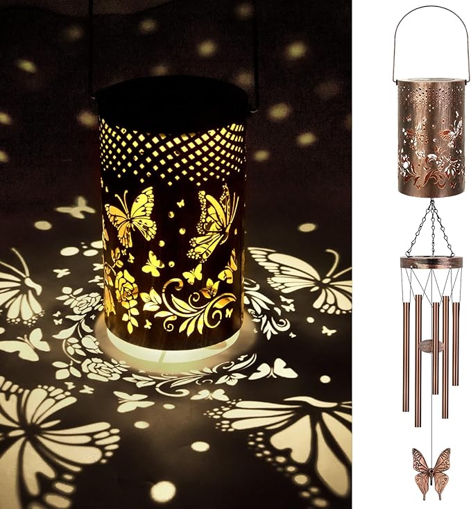 Solar Wind Chimes for Outside for Women Mom, Hanging Solar Lantern Memorial Wind Chimes, Butterfly Gifts Windchimes for Outdoors Christmas Garden Decor