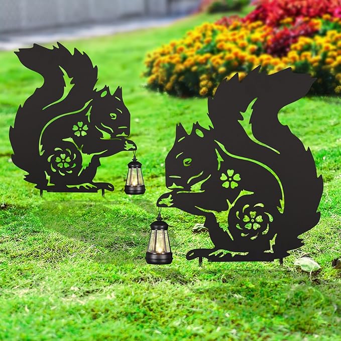 Solar Garden Stake Decorative Lantern for Outdoor, 2 Pack Metal Squirrels Silhouette Lights for Lawn, Pathway, Patio, Yard Outdoor Decor Gifts for Women Mom and Grandma