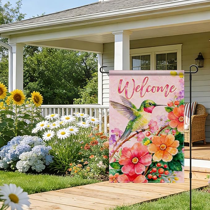 IVN Hummingbird Welcome Garden Flag 12x18 Inch – Spring Summer Floral Outdoor Flag, Double Sided Burlap Yard Flag for Porch Lawn Patio Decor