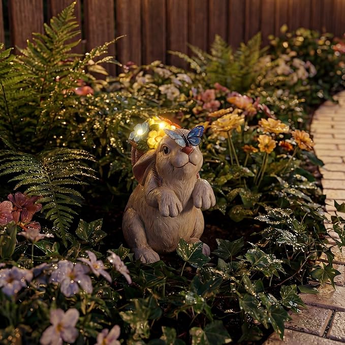 PETAFLOP Solar Bunny Garden Decor, Rabbit with Flower Basket & Butterfly for Yard, Patio, Pathway, Lawn, Patio, Balcony