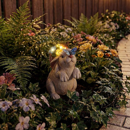 PETAFLOP Solar Bunny Garden Decor, Rabbit with Flower Basket & Butterfly for Yard, Patio, Pathway, Lawn, Patio, Balcony