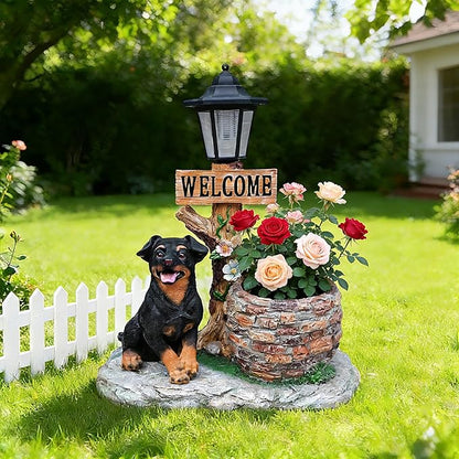 Solar Garden Statue with Planter & Solar Lantern, Outdoor Resin Animal Sculpture, Waterproof Yard Lawn Decor Pot for Succulents, Front Porch Ornament Housewarming Gift (Rottweiler)