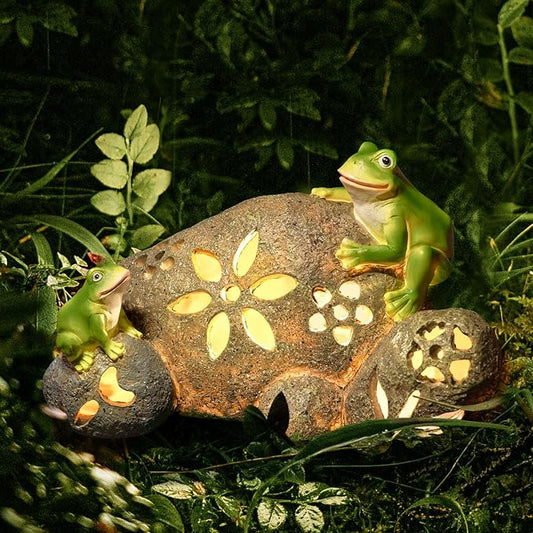Solar Frogs Garden Statues Frog on Stone Figurine with LED Lights Outdoor Porch Patio Lawn Yard Art Home Decoration Christmas Birthday Housewarming Gifts for Mom Women