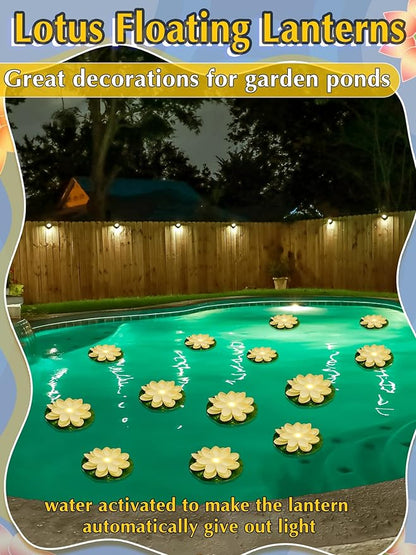 Hortsun 12 Pcs Floating Lotus Lights with Batteries Lily Pads Pool Flowers Floating Candles Decor Artificial Pond Plants Decorations for Pool Pond Outdoor Indoor (White,5.91 Inch)