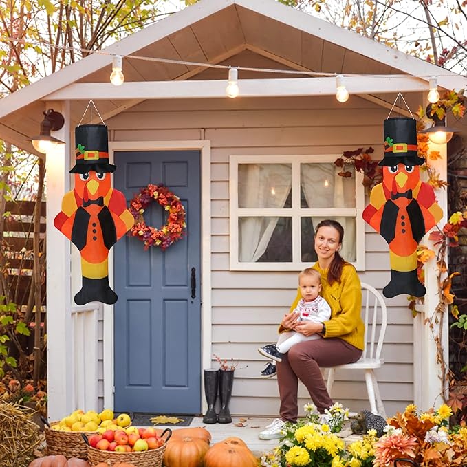 2PCS Thanksgiving Turkey Windsocks, Fall Thanksgiving Outdoor Hanging Windsocks for Tree Lawn Patio Garden Yard Decor, Fade Resistant Outdoor Wind Sock Flag for Fall Party Festival Decorations