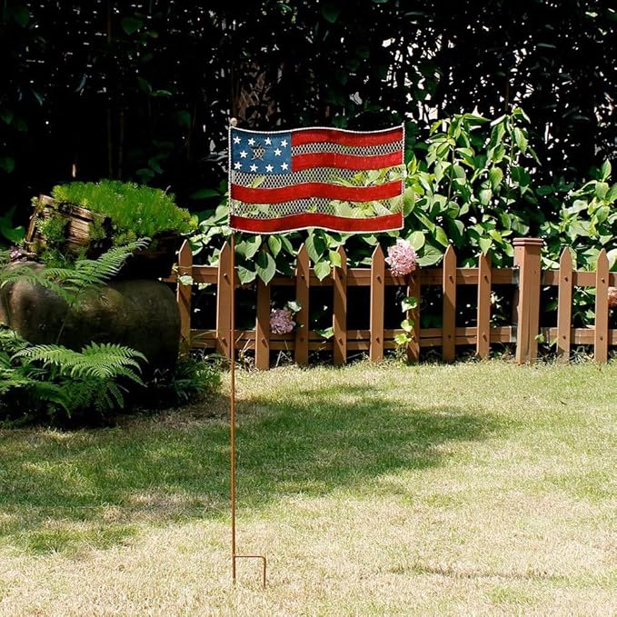 Patriotic Rustic Metal Yard Garden Stake, Small American Flag US Garden Flag 4th of July Decoration Stars and Stripes Design 7"x12"
