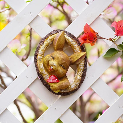 Garden Bunny Sculpture, Decorative Smiling Rabbit Tree Log Statue with Mushroom, Indoor Outdoor Resin Art Decor