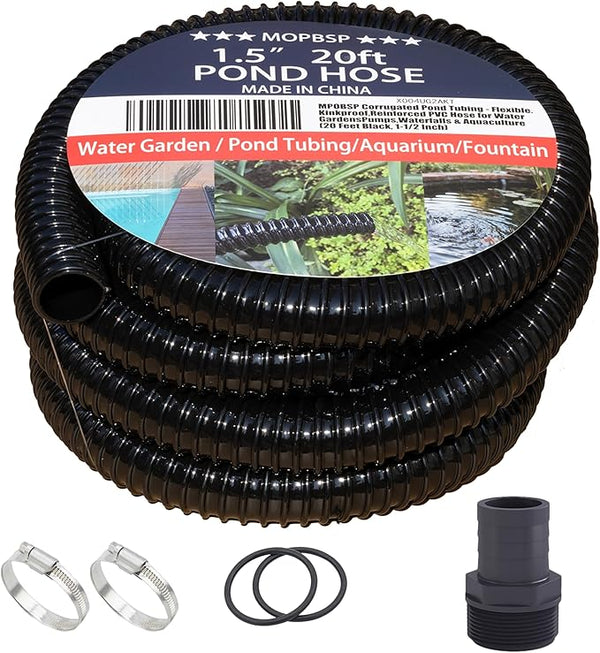 Corrugated Pond Tubing - Flexible, Kinkproof, Reinforced PVC Hose for Water Gardens, Pumps, Waterfalls & Aquaculture (20 Feet Black, 1-1/2 Inch)