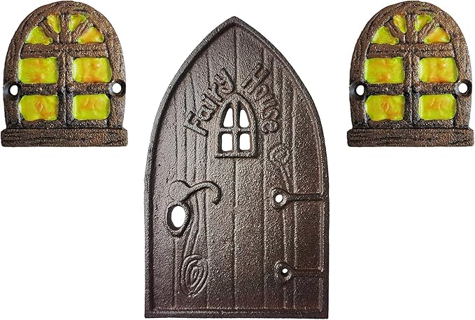 Lulu Decor 100% Cast Iron Miniature Fairy Door + 2 Windows with Glow in Dark Paint, Garden Ornament for Bottom of Trees (5-Inch)