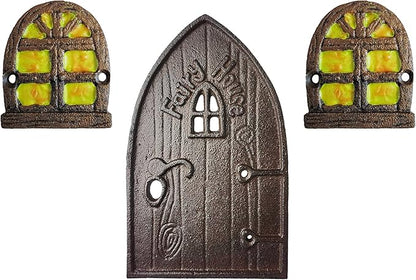 Lulu Decor 100% Cast Iron Miniature Fairy Door + 2 Windows with Glow in Dark Paint, Garden Ornament for Bottom of Trees (5-Inch)