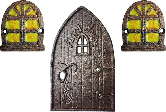 Lulu Decor 100% Cast Iron Miniature Fairy Door + 2 Windows with Glow in Dark Paint, Garden Ornament for Bottom of Trees (5-Inch)