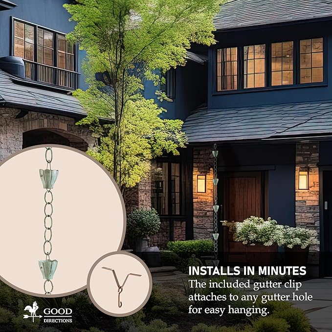Good Directions 491V1-8 Crocus Rain Chain 8-1/2 Feet Long, Large Cups, 100% Blue Verde Pure Copper