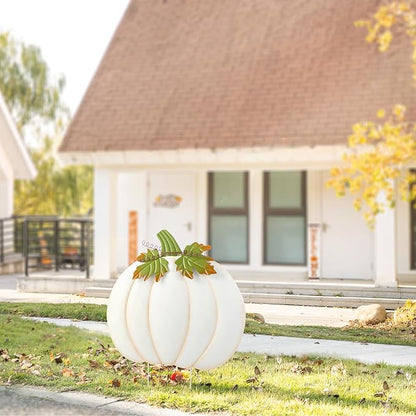 Glitzhome Oversized Ivory Pumpkin Yard Stake,39.5"H Metal Fall Pumpkins Garden Stake, Garden Standing Stakes or Hanging Pumpkin Signs for Autumn Harvest Thanksgiving Halloween Fall Outdoor Decorations