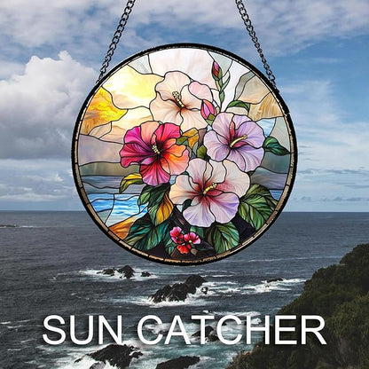 Stained Glass Window Hanging Pink Purple Hibiscus Flowers Large 11.8" - Suncatcher Door Garden Sunroom Sun Catcher Decor Birthday Christmas for Mom Men Woman Nana Friend