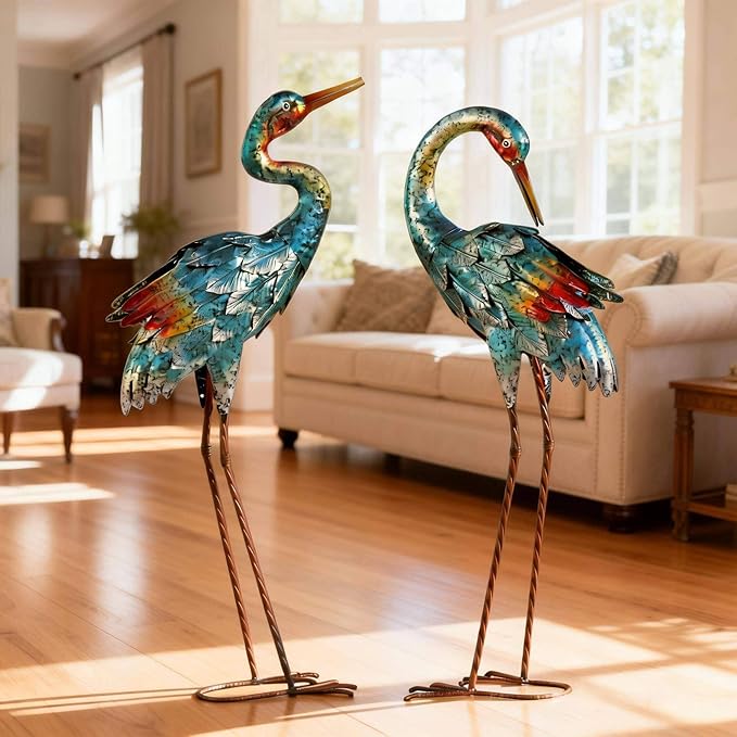 Natelf Crane Statues for Garden Decor, Blue Heron Sculptures, Metal Large Birds Lawn Sculptures & Statue for Patio Pond, Yard Decorations, Set of 2