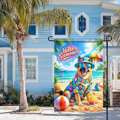 BlissYard Hello Summer Golden Retriever Garden Flag 12x18 Double Sided Vertical Outdoor Decor Beach Dog Tropical Yard Garden Lawn Banner Colorful Seasonal Display